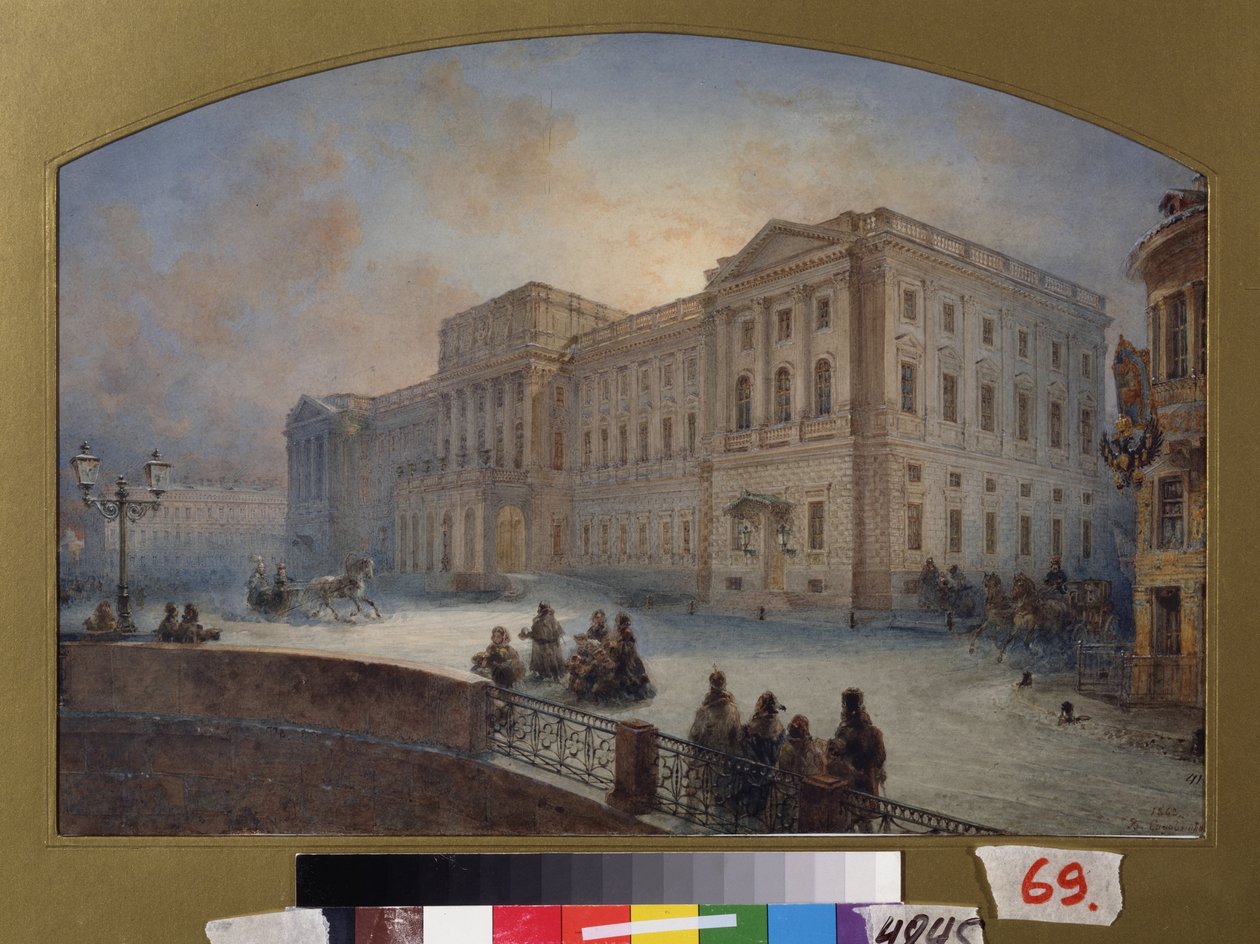 Vista do Palácio Marlinsky no inverno (São Petersburgo). Obra de Vasily Semyonovich Sadovnikov (1800-1879), aquarela sobre papel de Vasili Semenovich Sadovnikov