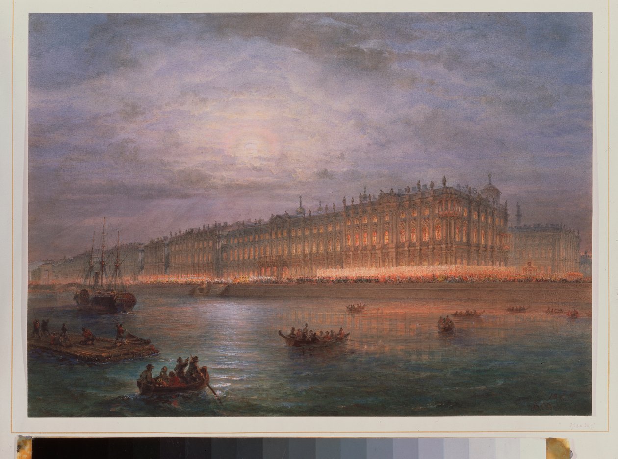 Vista do Palácio de Inverno à noite (São Petersburgo). Trabalho de Vasily Semyonovich Sadovnikov (1800-1879), aguarela sobre papel. Arte russa do século XIX. Estado Hermitage, São Petersburgo. de Vasili Semenovich Sadovnikov