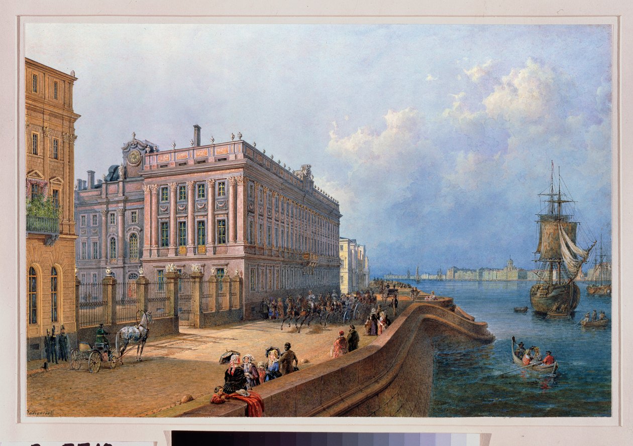Vista do Cais de Neva e do Palácio de Mármore em São Petersburgo. Trabalho de Vasily Semyonovich Sadovnikov (1800-1879), aguarela sobre papel de Vasili Semenovich Sadovnikov