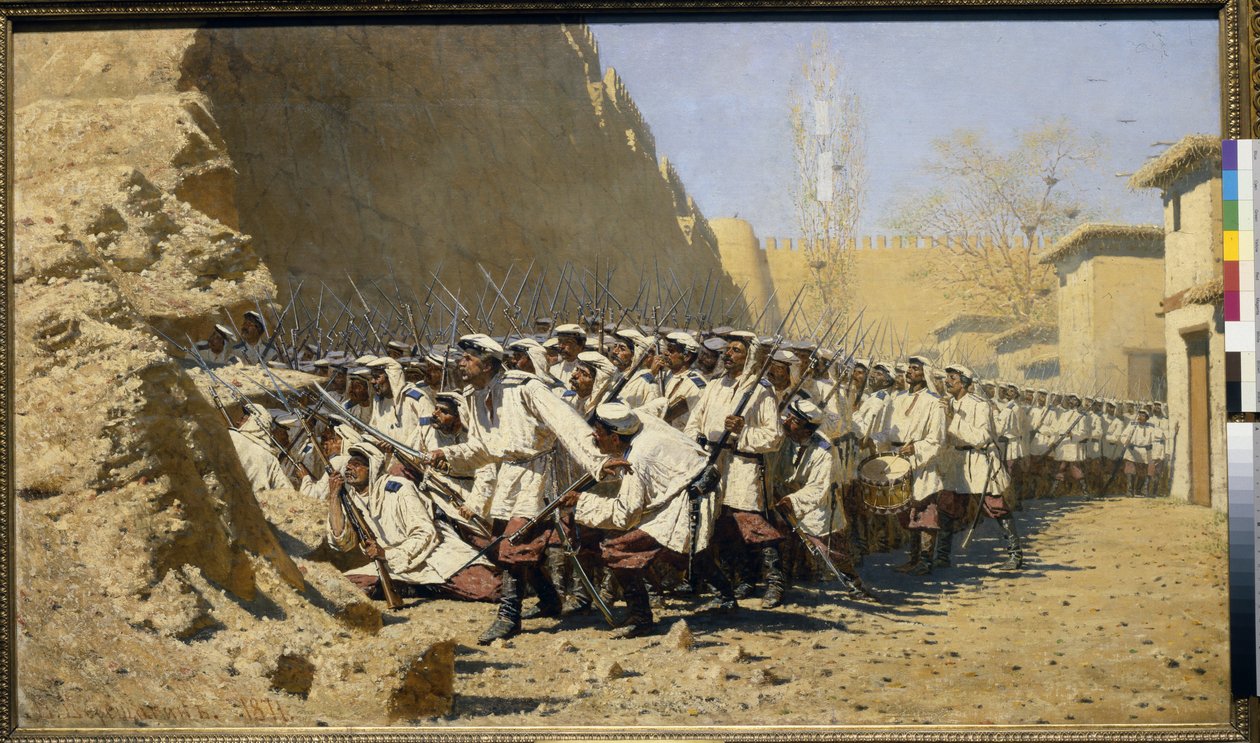 Para as fortificações, Deixe-os entrar! (reunião das tropas antes da batalha) (Nas Muralhas da Fortaleza; Deixe-os entrar!) - Pintura de Vasili Vasilyevich Vereshchagin (Vereshchagin) (1842-1904), óleo sobre tela (95x160,5 cm) de Vasili Vasilievich Vereshchagin