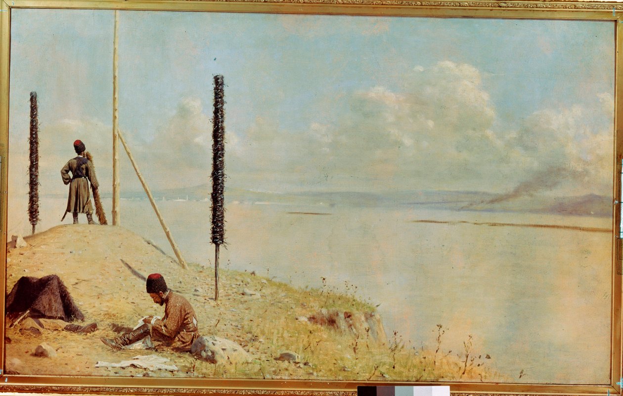 "Cossack Guard on the Danube Delta - (Picket on the Danube) Pintura de Vasili Vasilyevich Vereshchagin (Vasili Verechtchaguine) (1842-1904) Óleo sobre tela 1878-1879 Dim 120x200 cm Museu de Arte Russa, Kiev de Vasili Vasilievich Vereshchagin