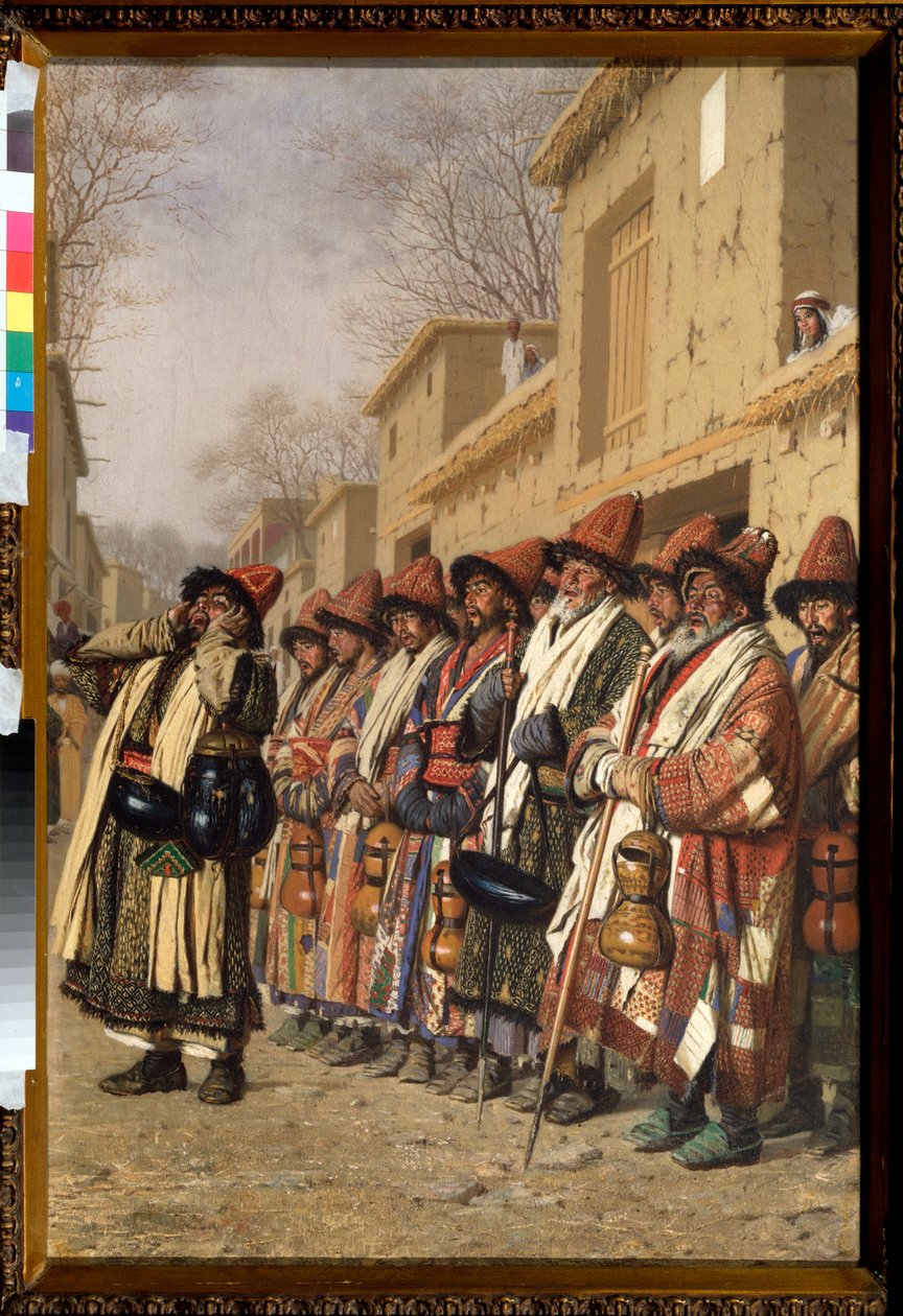 Le choeur des derviches mendiant leur aumone a Tachkent (Uzbequistão) (Dervishes Chorus Begging Alms in Tashkent) - Peinture de Vasili Vasilyevich Vereshchagin (Vassili Verechtchaguine) (1842-1904), huile sur toile de Vasili Vasilievich Vereshchagin
