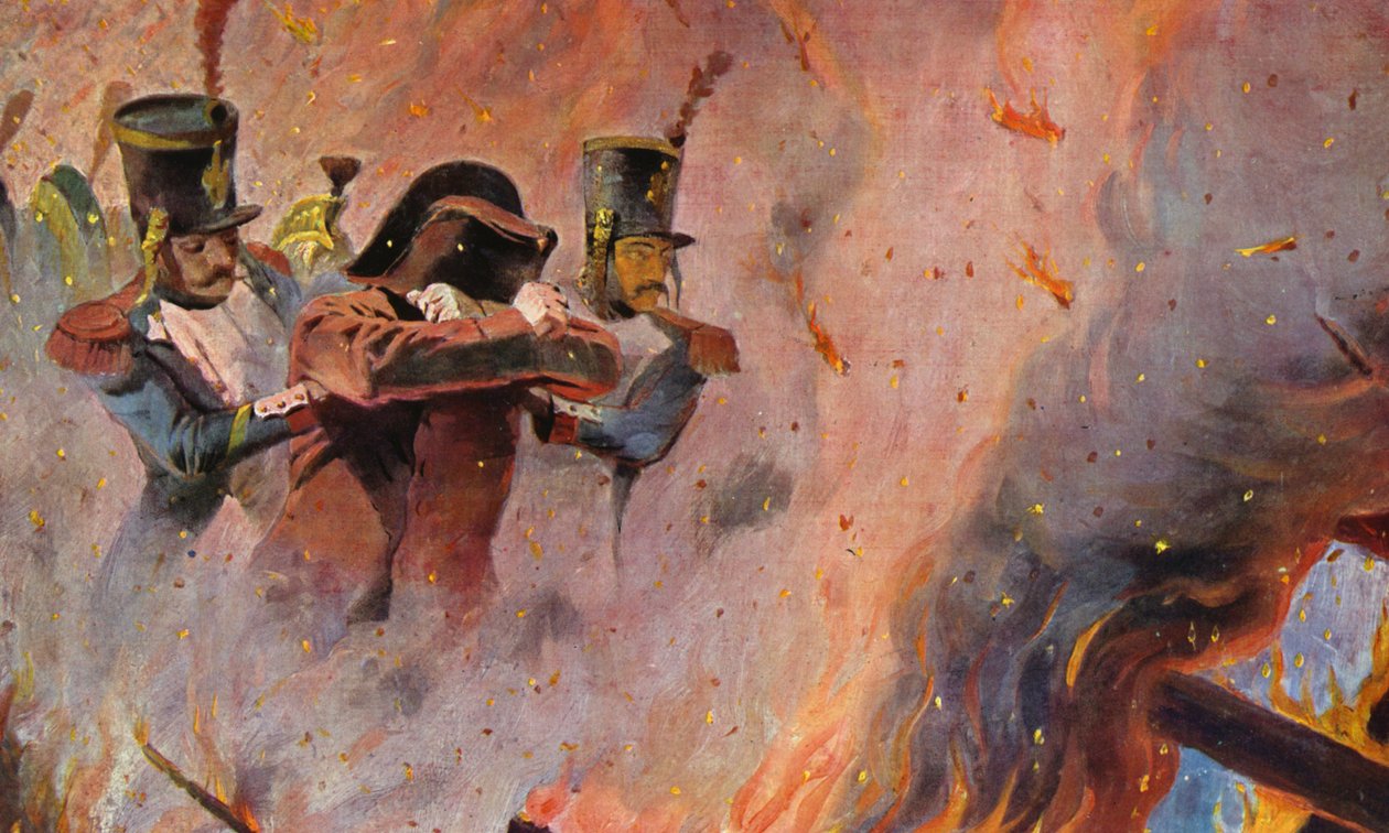 Soldados guiam Napoleão Bonaparte através do fogo em Moscovo (litografia a cores) de Vasili Vasilievich Vereshchagin