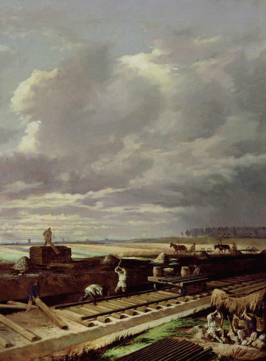 Trabalho de construção em uma linha férrea, 1871 de Vasili Vladimirovits Pukirev