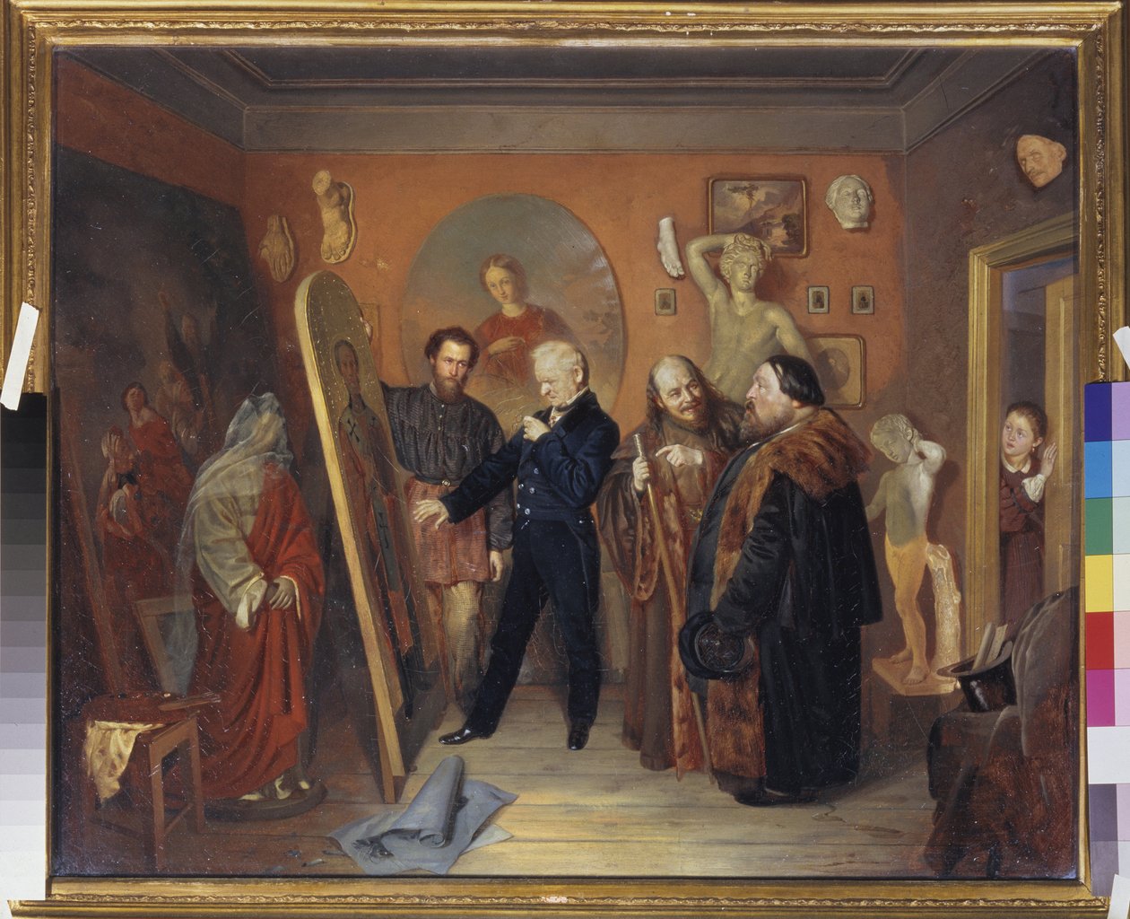 O estúdio do pintor. Um pintor mostra um dos seus quadros a negociantes de arte. Uma criança observa a cena. Pintura de Vasily Vladimirovich Pukirev (Vasily Pukirev) (1832-1890), óleo sobre tela de Vasili Vladimirovits Pukirev