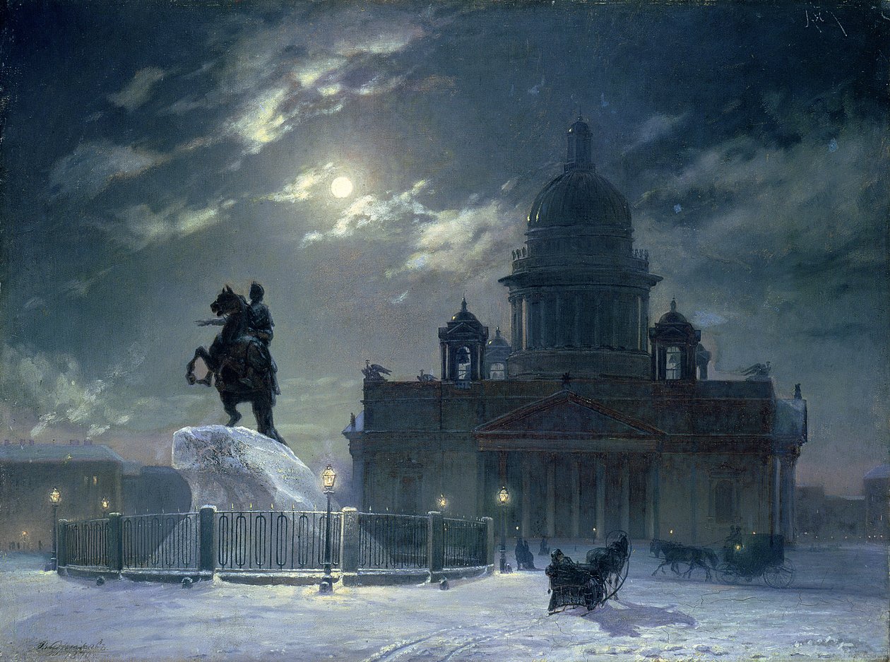 Vista do Monumento a Pedro, o Grande, na Praça do Senado, São Petersburgo, 1870 de Vasilij Ivanovic Surikov