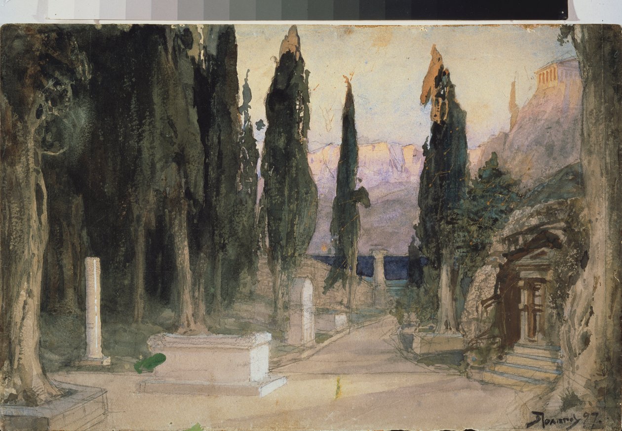 Decoração preparatória para a ópera ""Orfeu e Eurídice"" de Christoph Willibald Gluck (1714-1787) - Cenário para a ópera Orfeo ed Euridice de Ch Gluck - Obra de Vasili Dmitrievich Polenov (1844-1927), aquarela sobre papelão de Vasilij Dmitrievich Polenov