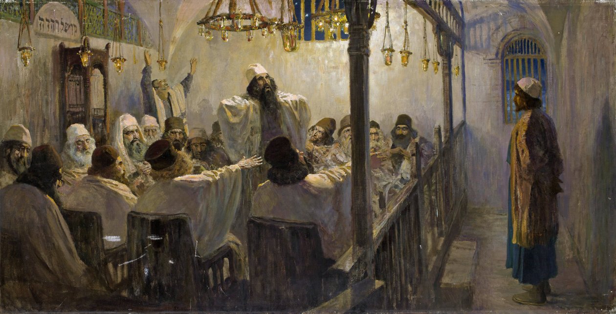 Il est coupable de la mort - Ele é culpado de morte! - Polenov, Vasili Dmitrievich (1844-1927) - 1906 - Óleo sobre tela - 113x220 - Coleção Particular (Parte da série de pinturas A Vida de Cristo completada pelo artista no final dos anos 1890-1900) de Vasilij Dmitrievich Polenov