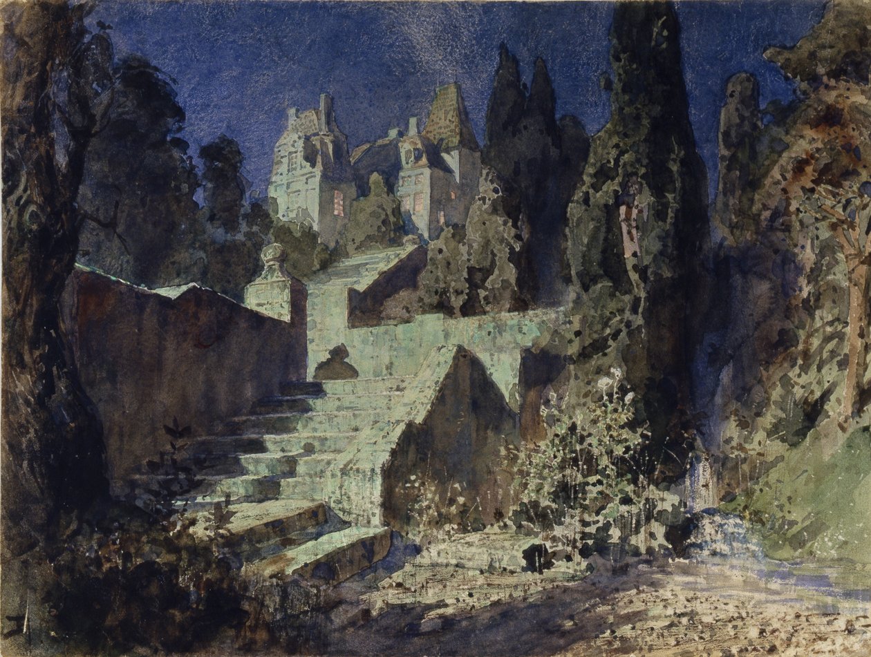Cenografia para a ópera A rosa escarlate de N. Krotkov, 1884 de Vasilij Dmitrievich Polenov