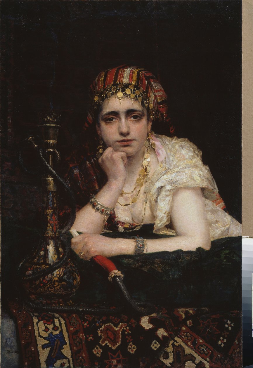 Uma odalisca. (Retrato de uma mulher de harém, com um olhar melancólico, segurando um narguilé). Pintura de Vasili Dmitrievich Polenov (1844-1927), óleo sobre tela. Arte russa do século XIX, orientalismo. Museu Nacional de Arte da República Bielorrussa, Mi de Vasilij Dmitrievich Polenov