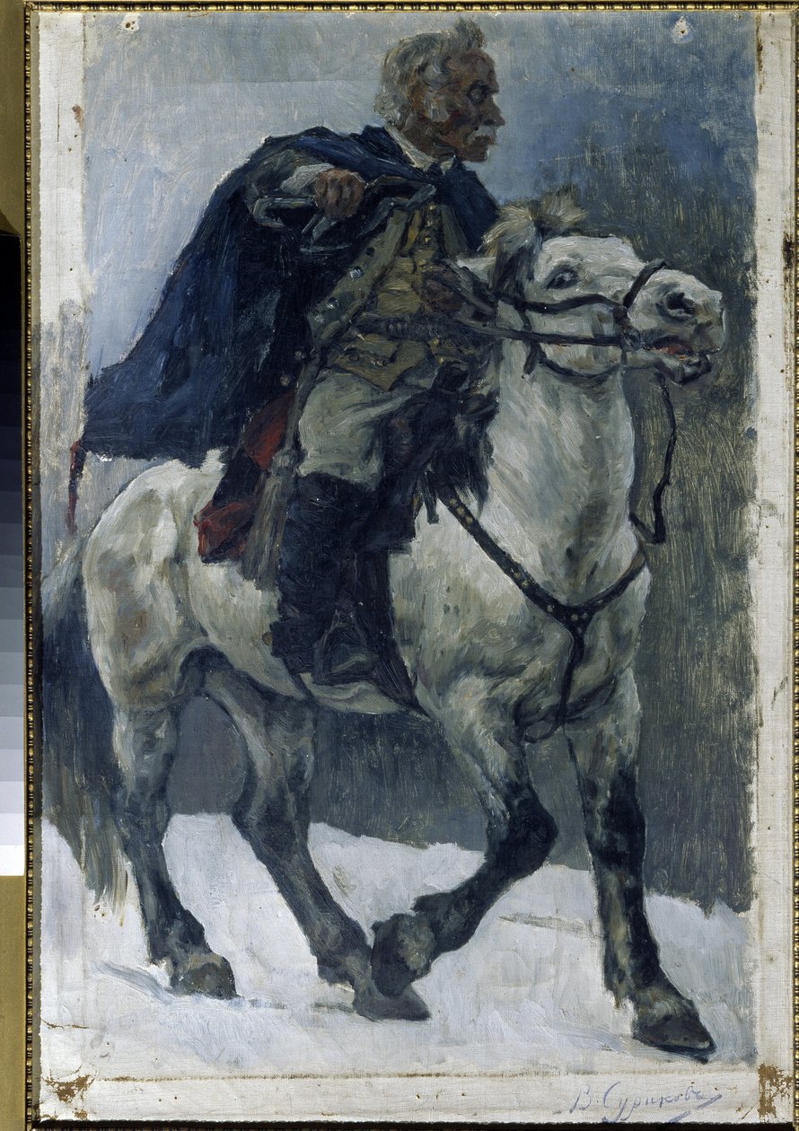 Alexander Suvorov (1729-1800) a cavalo. O herói russo é retratado a atravessar os Alpes à frente das tropas russas durante a campanha italiana (1799-1800). Pintura de Vasilli Ivanovich Surikov (Vasily Surik de Vasilij Ivanovic Surikov