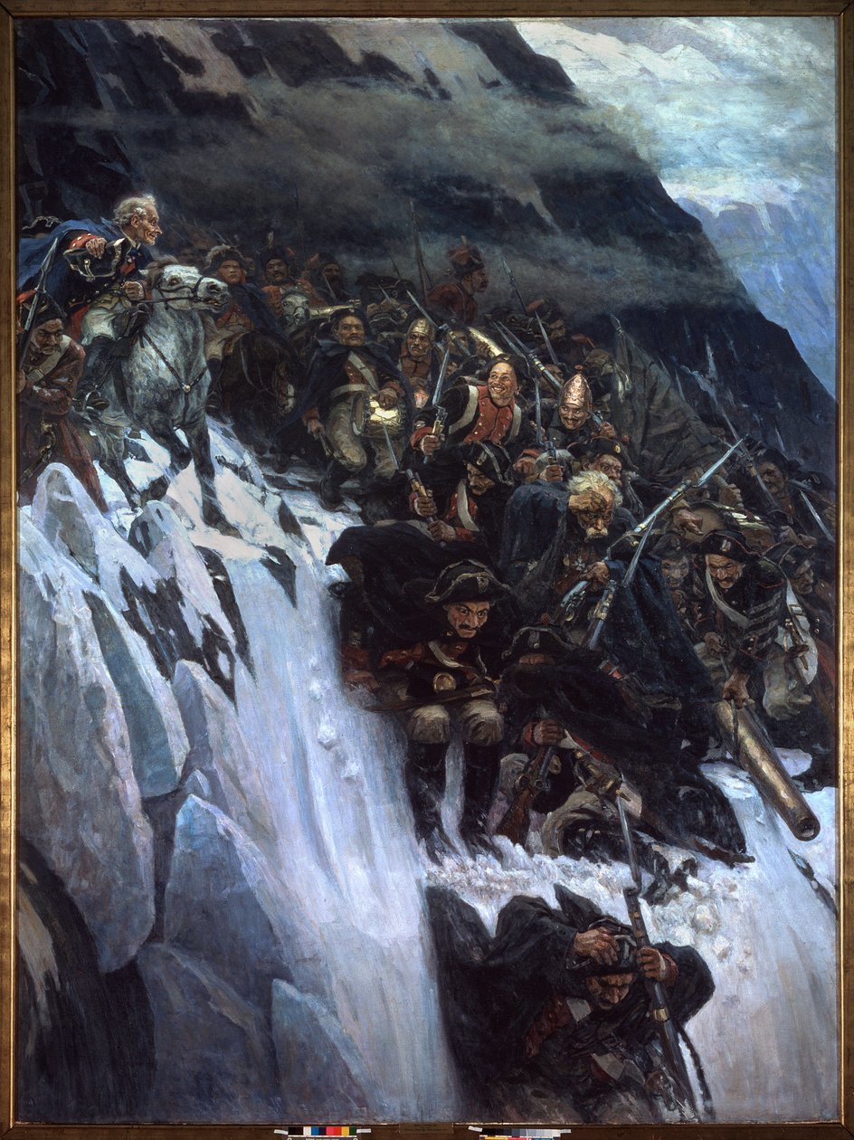 Campanha italiana (1799-1800): a marcha de Alexander Suvorov (Suwarow ou Souwarow Rimniski ou Rimnitskoi) (1729-1800) e tropas russas pelos Alpes em 1799 - Marcha de Suvorov pelos Alpes em 1799 - Pintura de Vasily Ivanovich Surikov de Vasilij Ivanovic Surikov