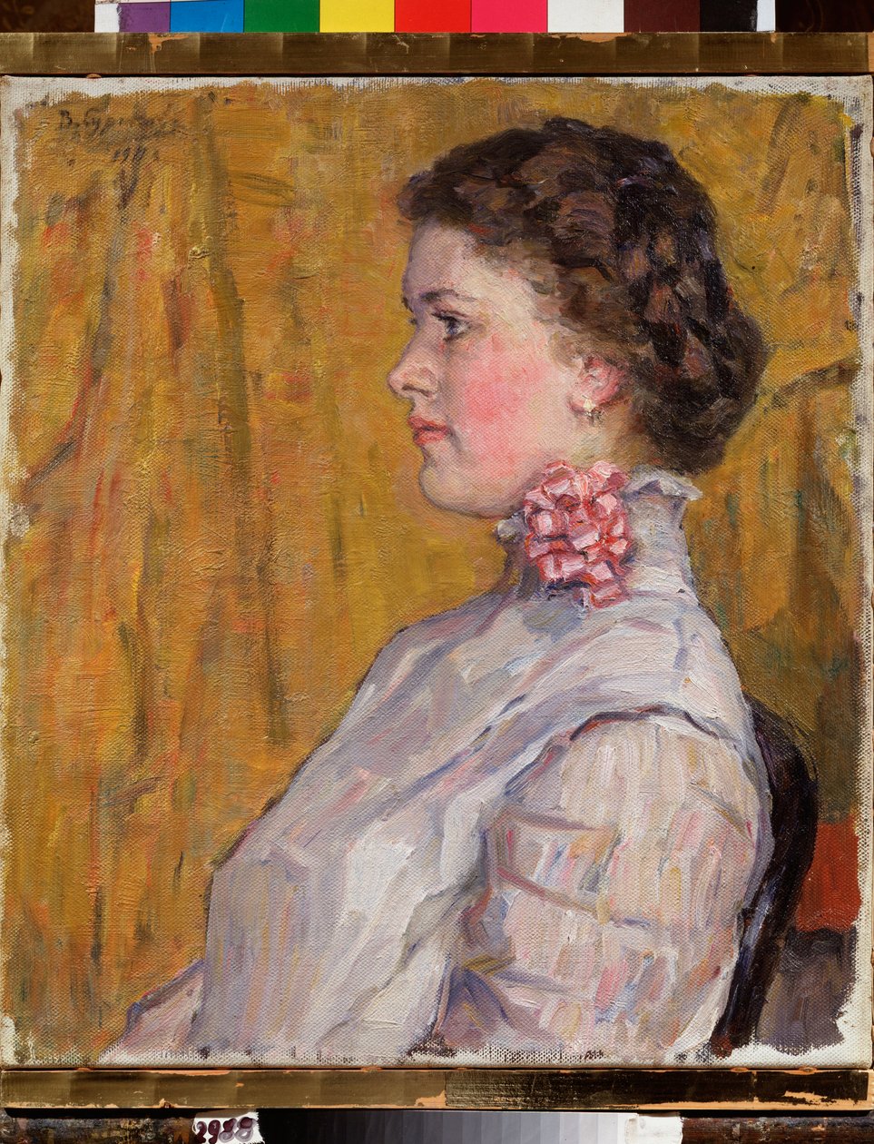 Retrato de uma mulher em um fundo amarelo (Retrato feminino em um fundo amarelo) - Pintura de Vasilli Ivanovich Surikov (Vasily Surikov ou Vassili Surikow) (1848-1916), óleo sobre tela de Vasilij Ivanovic Surikov