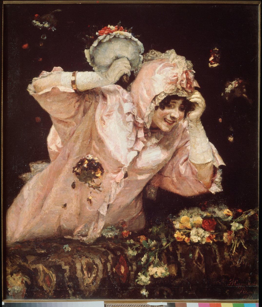 Cena de Carnaval em Roma (Itália) (Uma jovem mulher inclinada sobre uma varanda, recebendo e atirando buquês de flores) - Cena de Carnaval em Roma - Pintura de Vasilli Ivanovich Surikov (Vasily Surikov ou Vassili Surikow) (1848-1916), óleo sobre tela de Vasilij Ivanovic Surikov