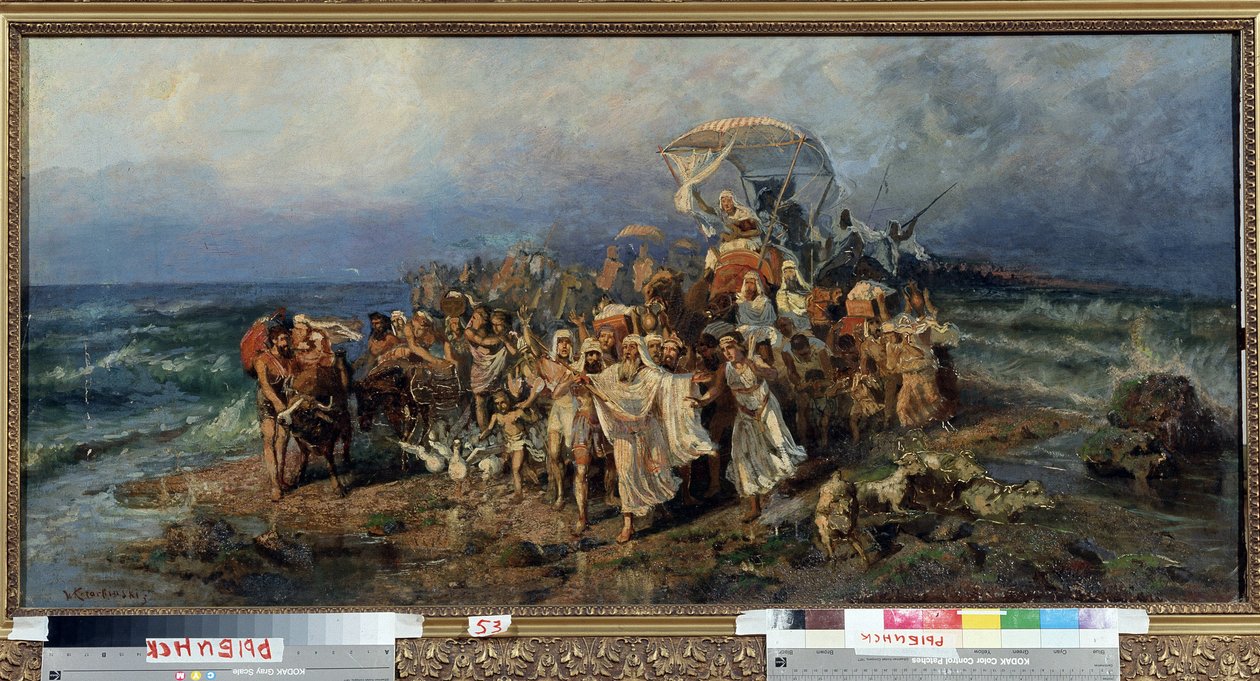 Os israelitas cruzando o Mar Vermelho. Episódio do êxodo para a terra de Israel do povo judeu, fugindo da escravidão e dos exércitos do faraó do Egito. Pintura de Vasily (Vasili, Vasilii, Wilhelm) Alexandrovich Kotar de Vasily Alexandrovich Kotarbinsky