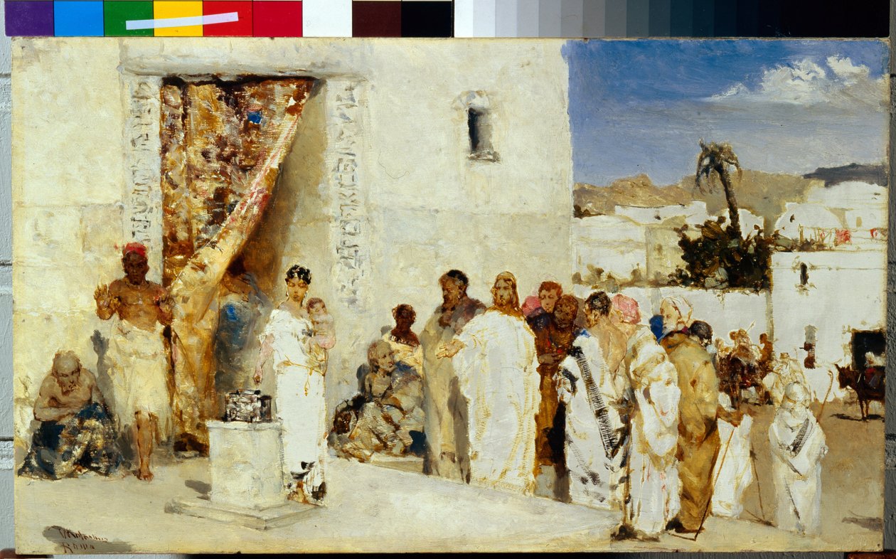O Ácaro da Viúva (No templo, Jesus sublinha aos seus discípulos o valor da oferta da viúva pobre e sincera) - Pintura de Vasilii (Wilhelm) Alexandrovich Kotarbinsky (1849-1921), óleo sobre madeira (23,8x40 cm), ca. 1890 - Stat de Vasily Alexandrovich Kotarbinsky