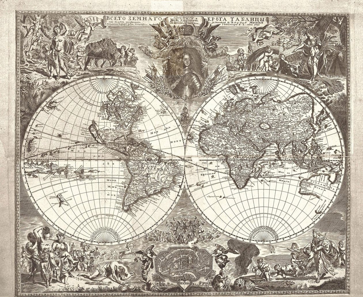 Mapa de hemisfério duplo do mundo, 1713 de Vasily Anufrievich Kiprianov