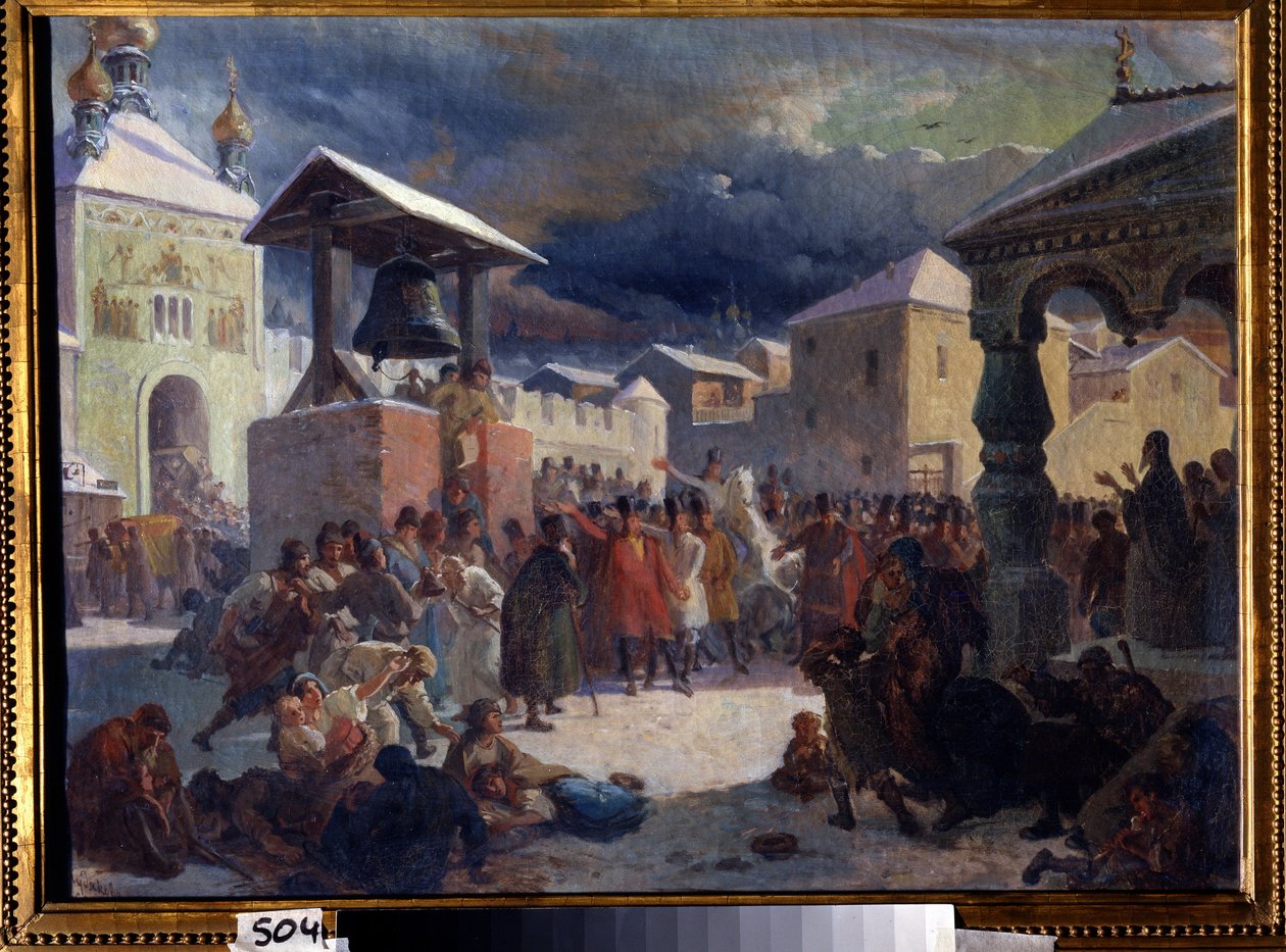A veche (assembléia popular medieval dos países eslavos) na república de Novgorod (A veche na república de Novgorod). Pintura de Vasili Grigorievich Khudyakov (1826-1871). Óleo sobre tela de Vasily Grigorievich Khudyakov