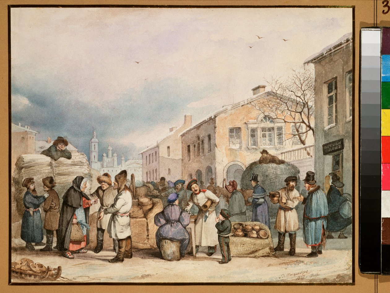 The Hay market Place in Saint Petersburg - Obra de Vasili Ivanovich Shternberg (1818-1845), aguarela sobre papel de Vasily Ivanovich Sternberg