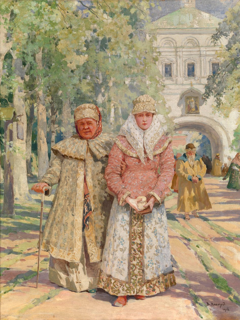 Fora da Porta do Mosteiro - Pintura de Vasily Ivanovich Navozov (1862-1919), óleo sobre tela (49x41,5 cm) de Vasily Ivanovich Navozov