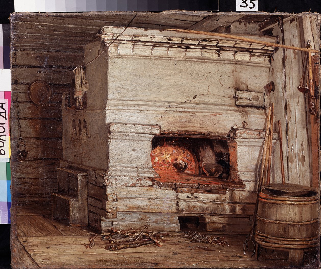 Em uma casa de campo. Pintura de Vasili Maximovich Maximov (1844-1911), óleo sobre tela de Vasily Maximov