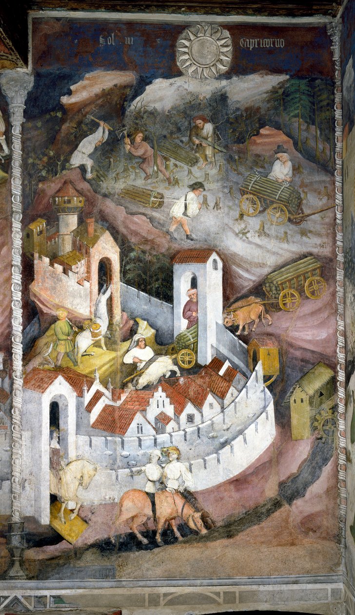 Dezembro: os madeireiros recolhem a madeira e a trazem de volta para a cidade de Trento onde estão representados a muralha e o castelo de Buonconsiglio. Pintura pelo Mestre dos Meses ou Mestre Wenceslas (Maestro dei Mesi ou Maestro Wenceslao em italiano, c de Venceslao Maestro