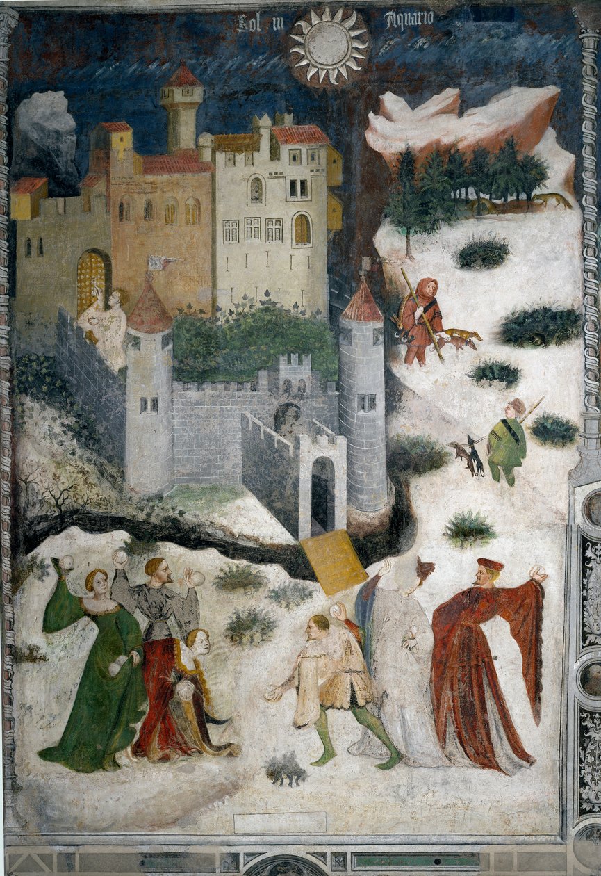 Mês de Janeiro: paisagem de neve com aristocratas e caçadores. Os aristocratas jogam bolas de neve enquanto os caçadores vão caçar com os seus cães. No fundo o castelo do Castello di Stenico e um homem com a chave está pronto para abrir a porta da fortalez de Venceslao Maestro
