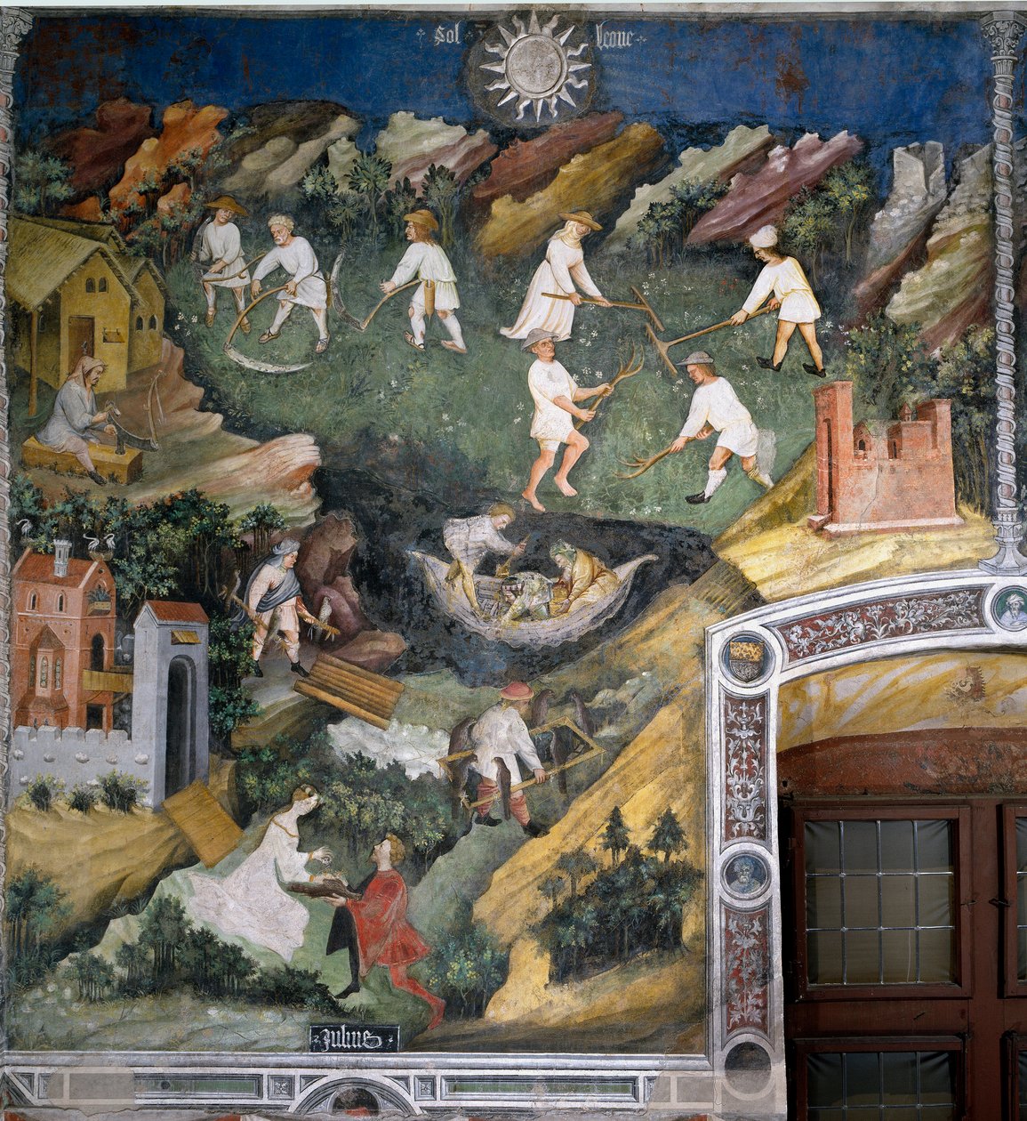 Mês de Julho: actividades de verão. Corte de trigo, pesca, transporte de falcões. No fundo, um camponês afia a lâmina do seu falso. Nós oferecemos à senhora em primeiro plano um falcão. Pintura pelo Mestre dos Meses ou Mestre Wenceslas (Maestro dei Mesi o de Venceslao Maestro
