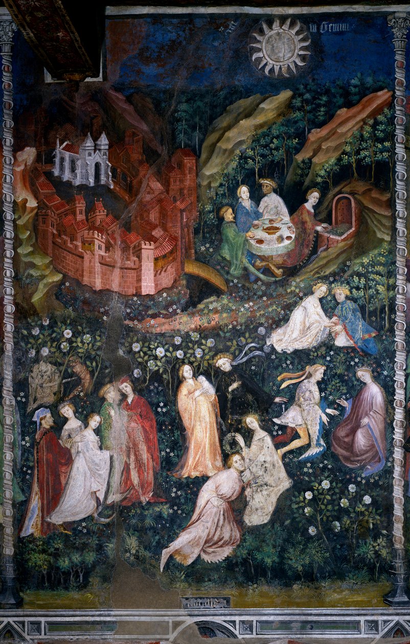 Mês de Maio: casais de jovens aristocratas e senhora num roseiral (jardim de rosas). Cena de amor e paz entre rosas. No fundo da mesa as pessoas comem as suas refeições e bebem água de nascente de uma fonte. Uma cidade fortificada está representada à direi de Venceslao Maestro