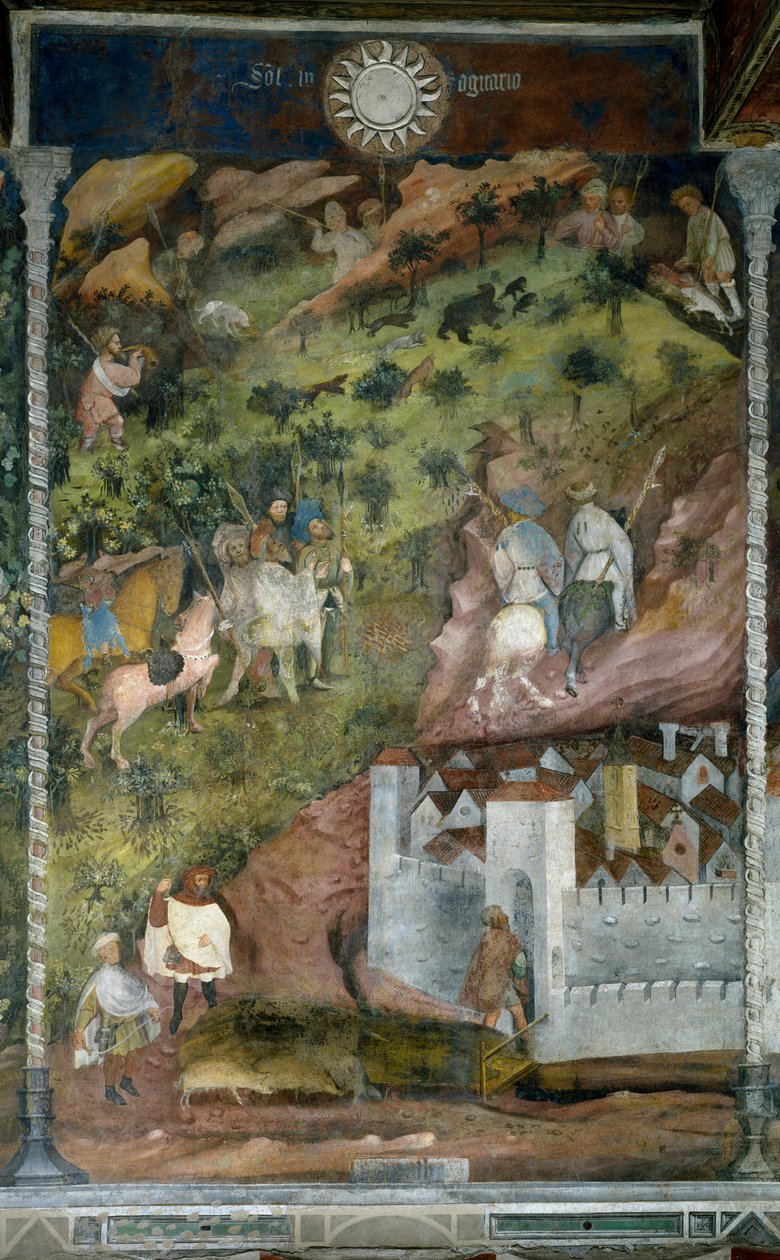 Mês de Novembro: actividades de inverno. Os criadores de porcos voltam à cidade e os caçadores vão à caça de ursos. Pintura do Mestre dos Meses ou Mestre Wenceslas (Maestro dei Mesi ou Maestro Wenceslao em italiano, início do século XV) restaurada por Marc de Venceslao Maestro