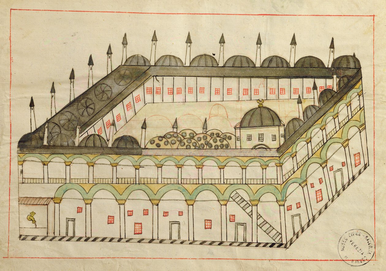 Ms. cicogna 1971, em miniatura da "Memorie Turchesche", representando a caravana de Seraglio na estrada Erdine em Constantinopla de Venetian School