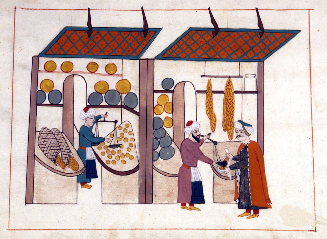 Um mercador de frutas e legumes (quatro estações) em Constantinopla, Turquia sob o Império Otomano. Miniatura de "Turkish Memorials" (codex Cicogna 1971 "Memorie Turchesche") Aguarela da escola veneziana do século XVII. de Venetian School