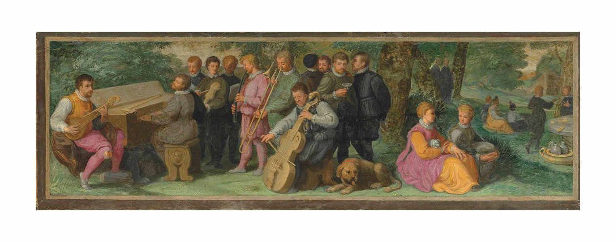 Um concerto pastoral, com elegantes figuras tocando cítara, clavicórdio, violino, corneta, trombone e violoncelo (óleo sobre painel) de Venetian School