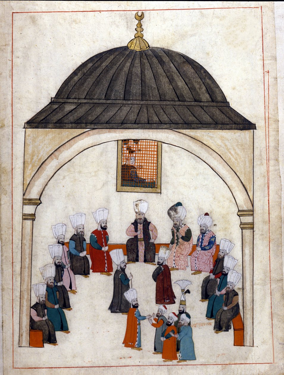 Administração sob o Império Otomano: uma audiência presidida pelo Grande Vizir. Miniatura de "Turkish Memorials" (códice Cicogna 1971 "Memorie Turchesche") Aguarela da escola veneziana do século XVII. de Venetian School