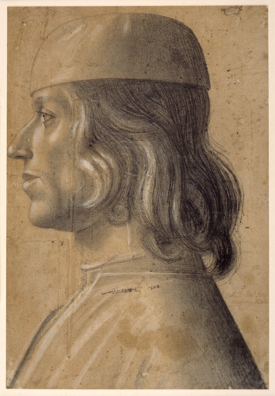 Retrato em tamanho de busto de um homem de perfil à esquerda, usando um boné de Venetian School