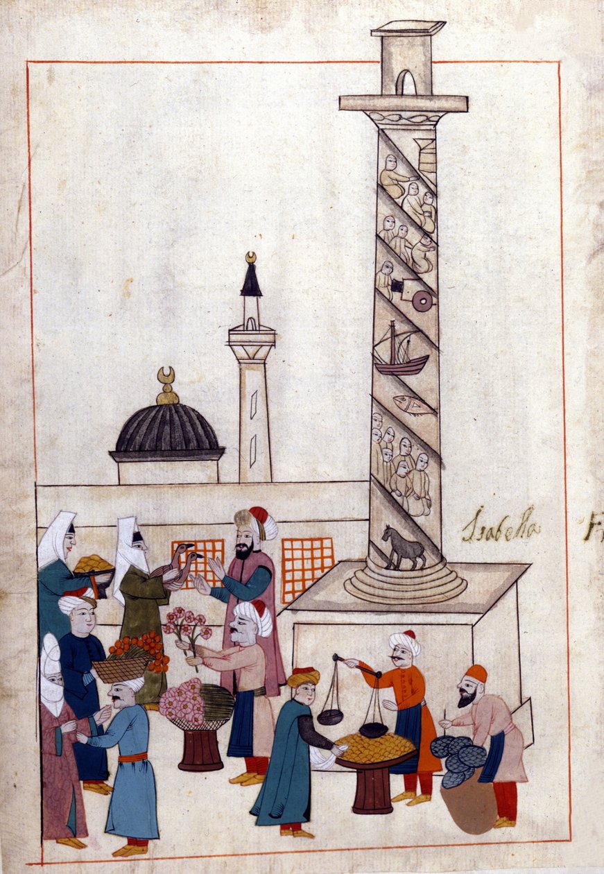 Constantinopla; o bazar (ou caminhadas) perto do obelisco. Miniatura de "Turkish Memorials" (códice Cicogna 1971 "Memorie Turchesche") Aguarela da escola veneziana do século XVII. de Venetian School
