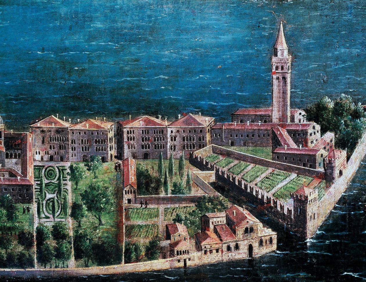 Jardim ao lado da Igreja do Redentor, detalhe da vista de Veneza, pintura da escola veneziana, Itália de Venetian School