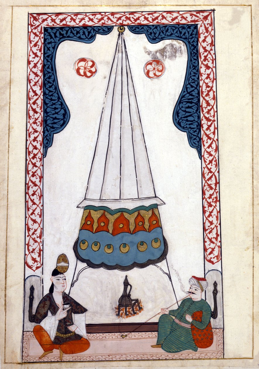 Vista interior de uma residência na Turquia sob o Império Otomano. Miniatura de "Turkish Memorials" (codex Cicogna 1971 "Memorie Turchesche") Aguarela da escola veneziana do século XVII. de Venetian School