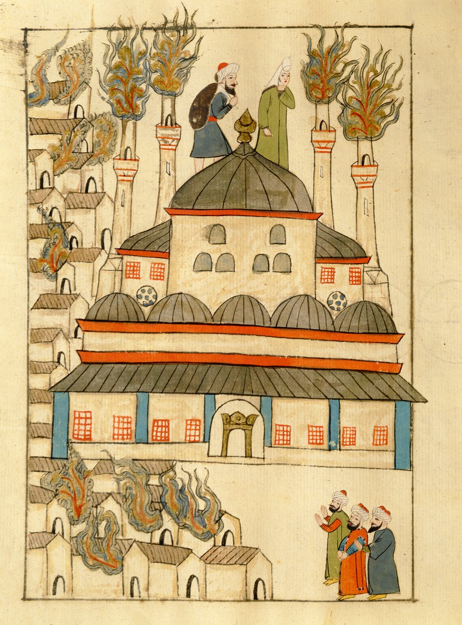 Ms. cicogna 1971, em miniatura da "Memorie Turchesche", representando a Hagia Sophia durante o incêndio de 1660 de Venetian School