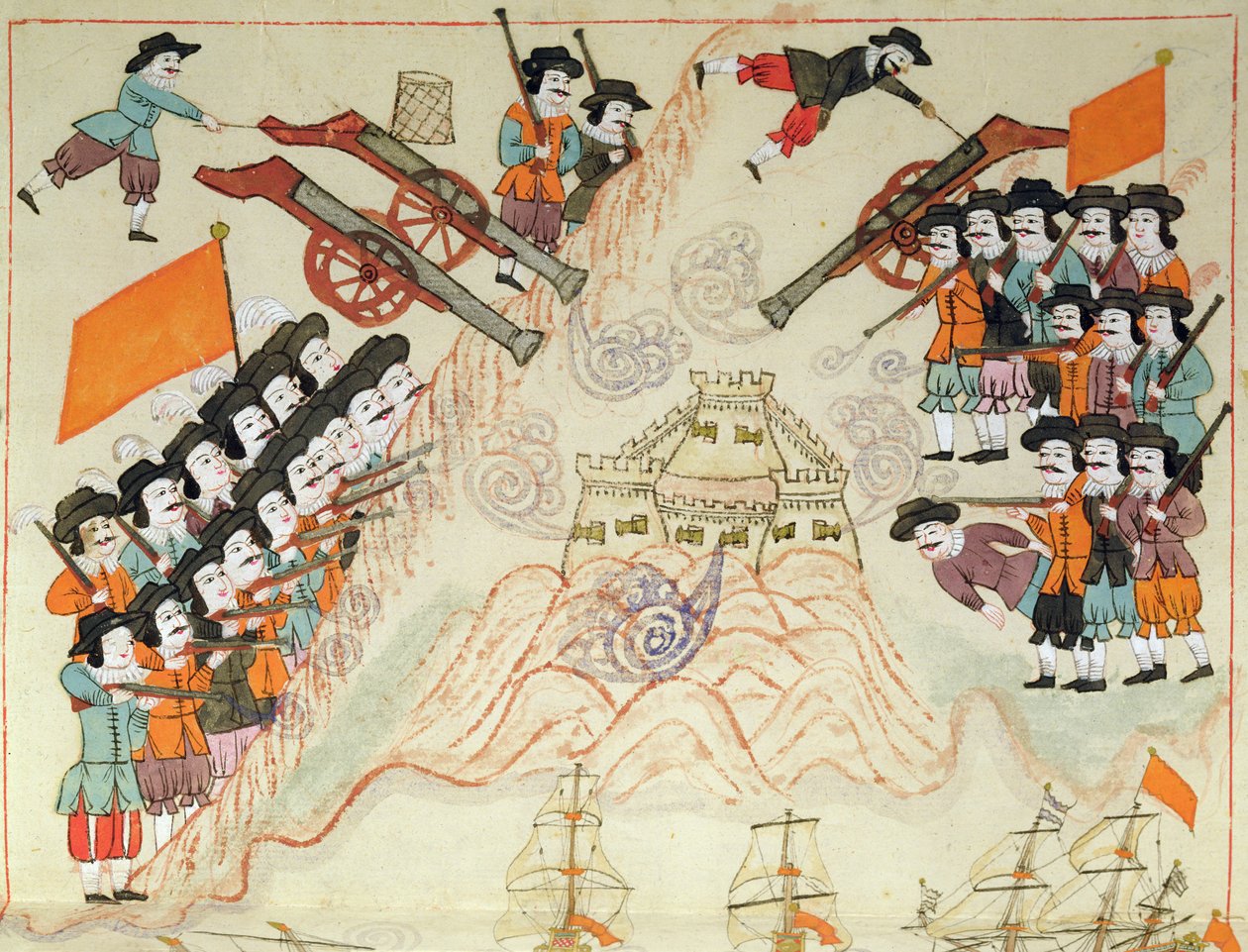 Ms. cicogna 1971, em miniatura da Memorie Turchesche representando os venezianos e seus aliados recapturando a fortaleza em Limnos dos turcos otomanos de Venetian School