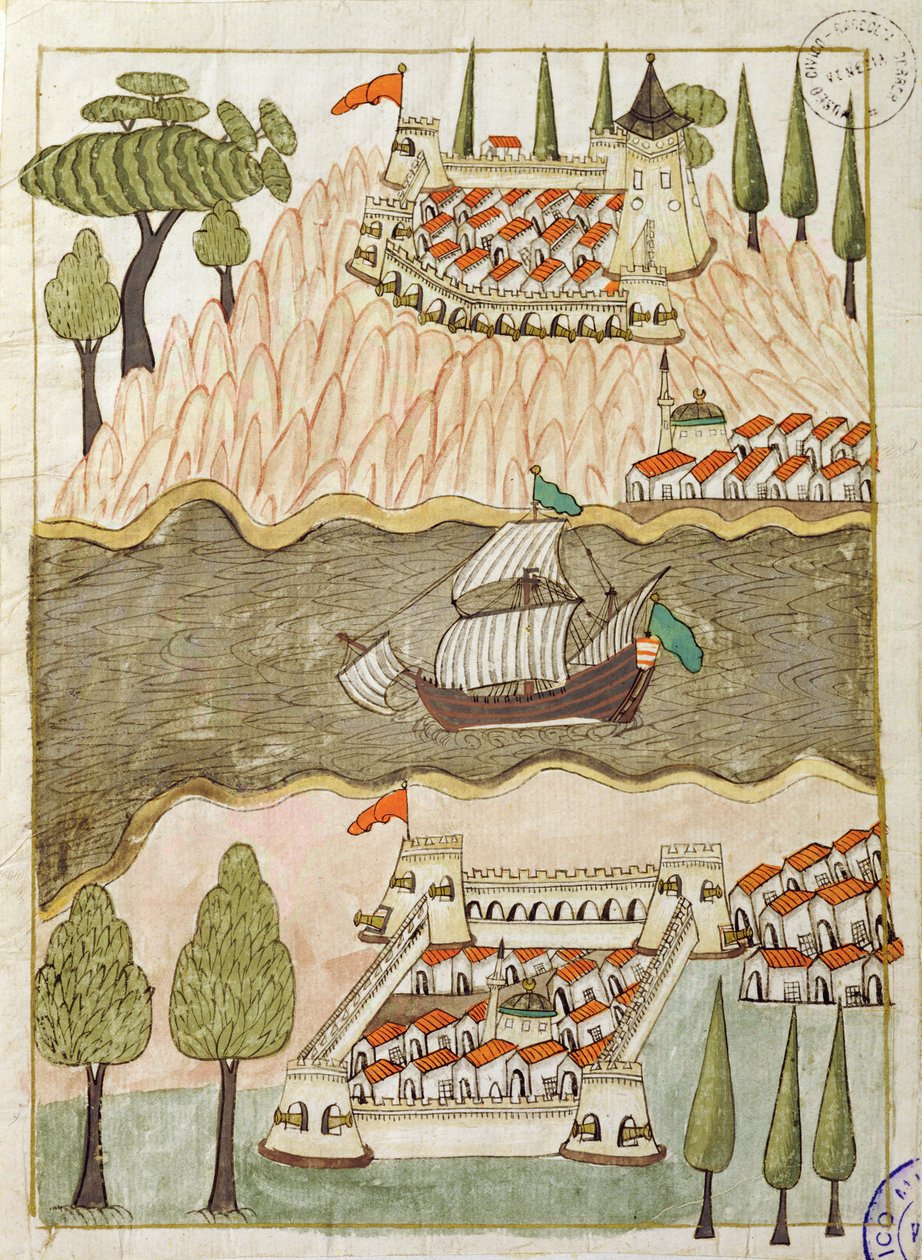 Ms. cicogna 1971, em miniatura da "Memorie Turchesche", representando as duas grandes fortalezas no Bósforo (caneta e tinta sobre papel) de Venetian School