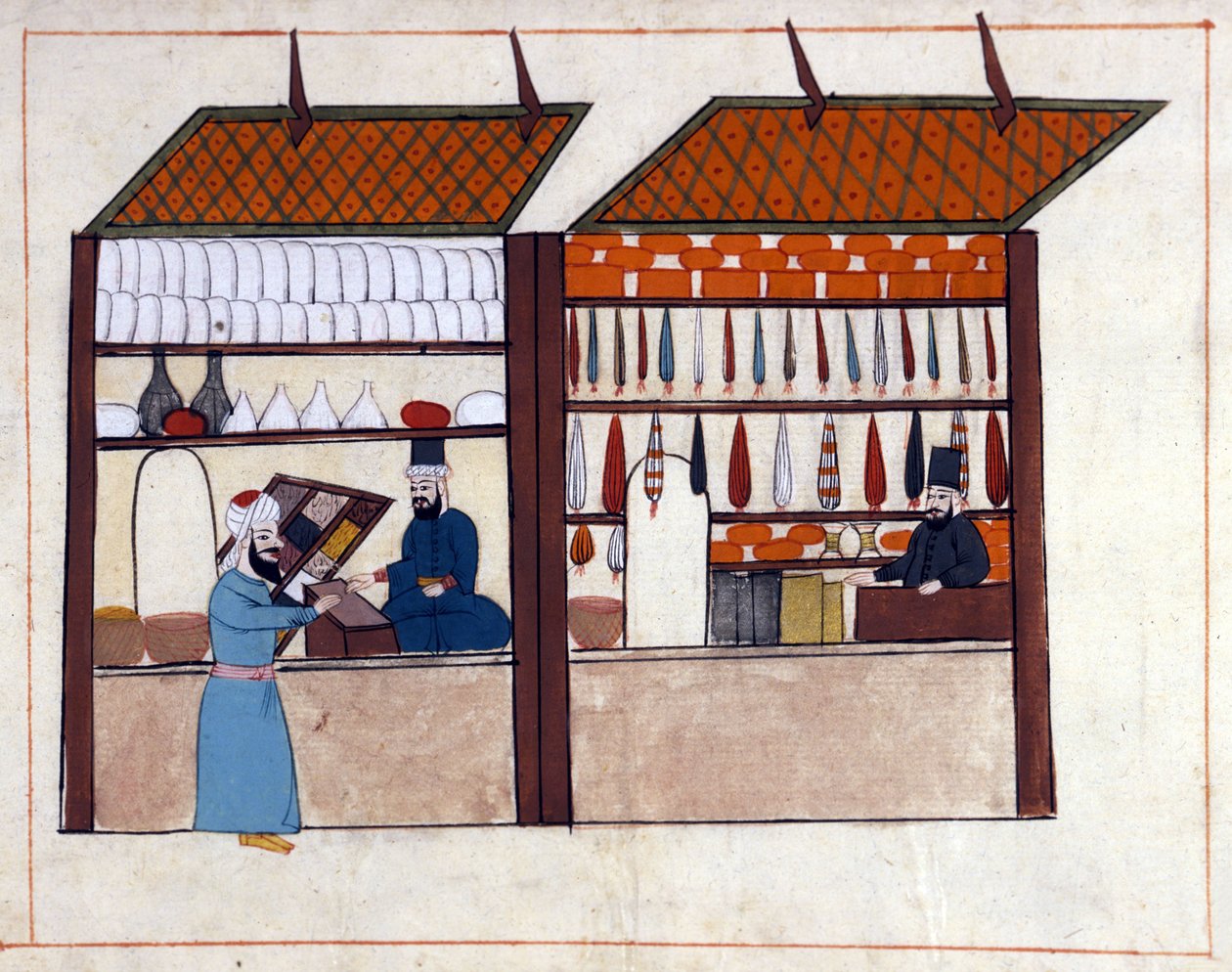Lojas (comerciante de especiarias) em Constantinopla, Turquia sob o Império Otomano. Miniatura de "Turkish Memorials" (codex Cicogna 1971 "Memorie Turchesche") Aguarela da escola veneziana do século XVII. de Venetian School