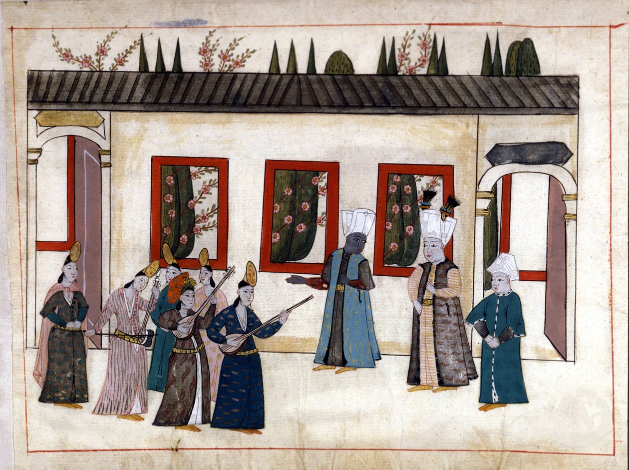 O Sultão visita o favorito com a mãe e chefe dos Eunucos. Miniatura de "Turkish Memorials" (codex Cicogna 1971 "Memorie Turchesche") Aguarela da escola veneziana do século XVII. de Venetian School