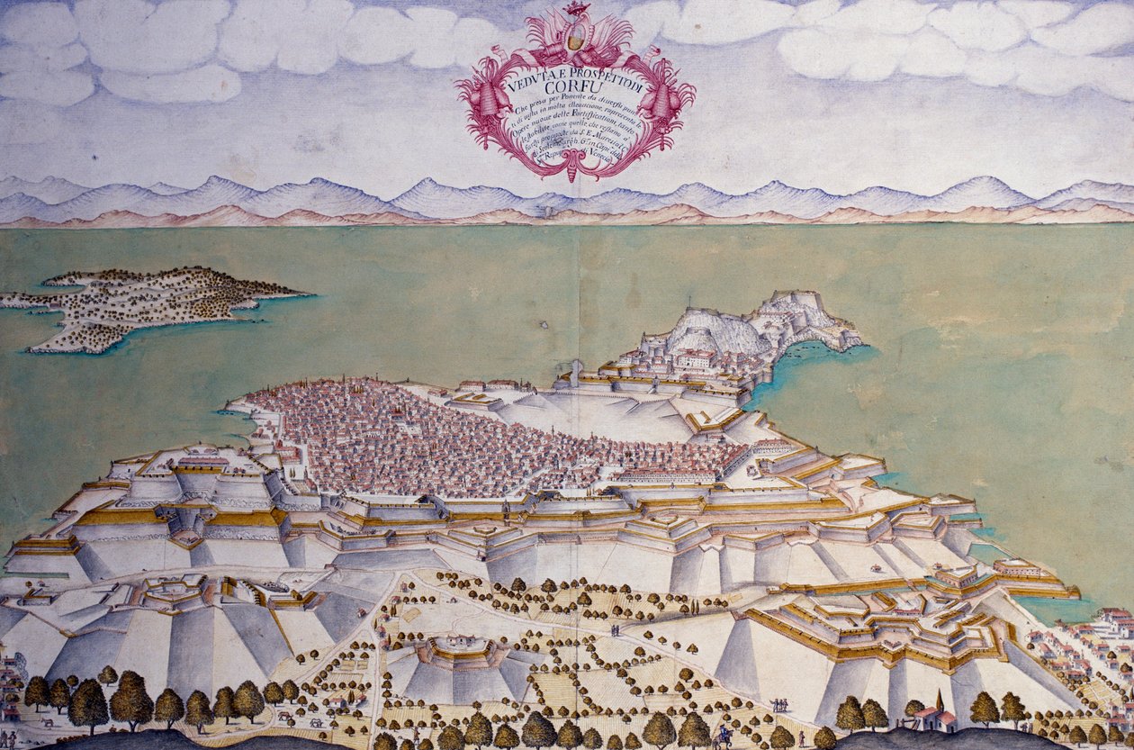 Planta municipal de Corfu com suas fortificações, arquivo do estado veneziano de Venetian School
