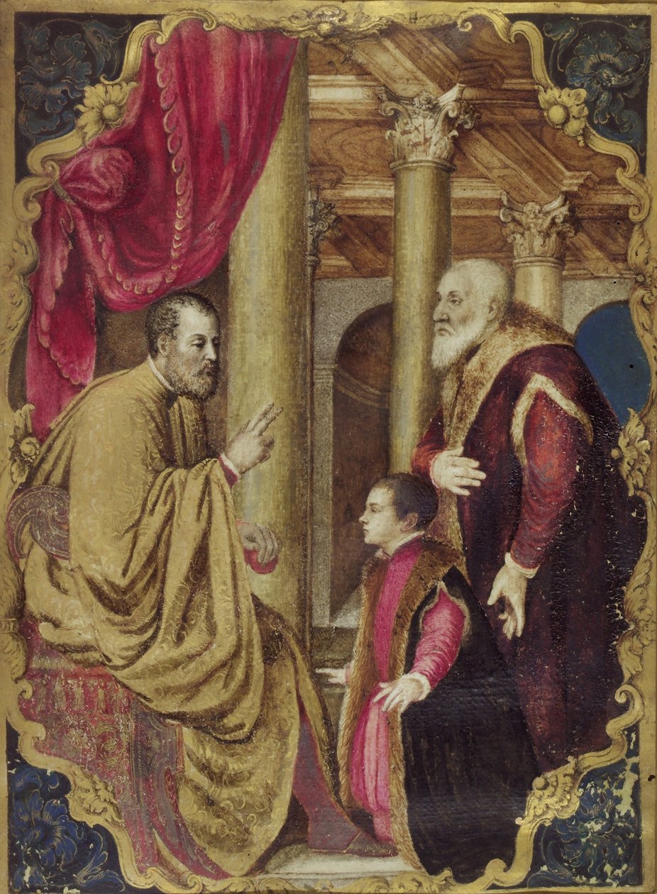 Senador veneziano ou Doge apresentando seu filho ao seu santo padroeiro (óleo sobre papel colocado em painel) de Venetian School