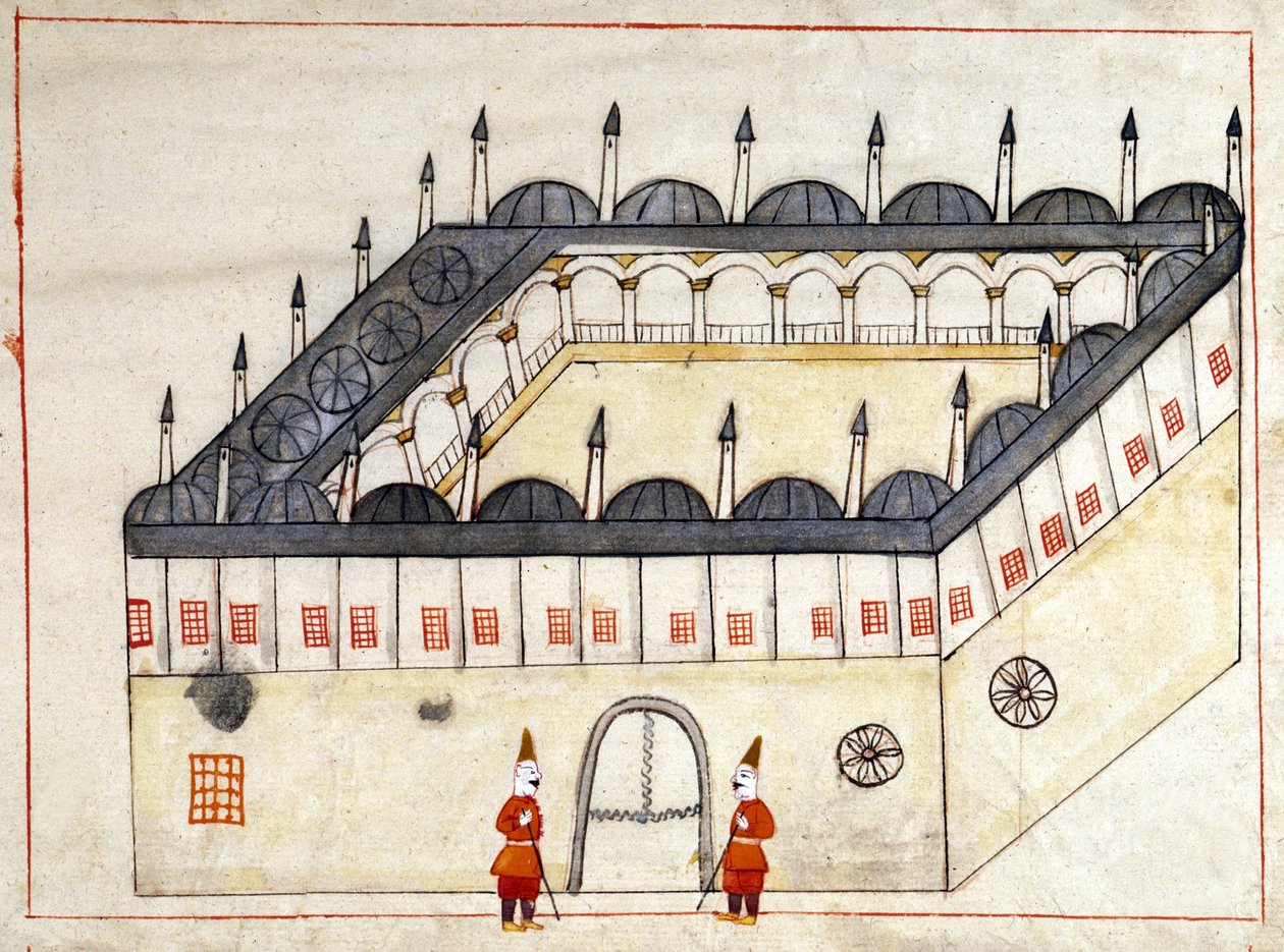 Vista de fora de uma caravana em Andrinople (agora Edirne), na Turquia, sob o Império Otomano. Miniatura de "Turkish Memorials" (codex Cicogna 1971 "Memorie Turchesche") Aguarela da escola veneziana do século XVII. de Venetian School