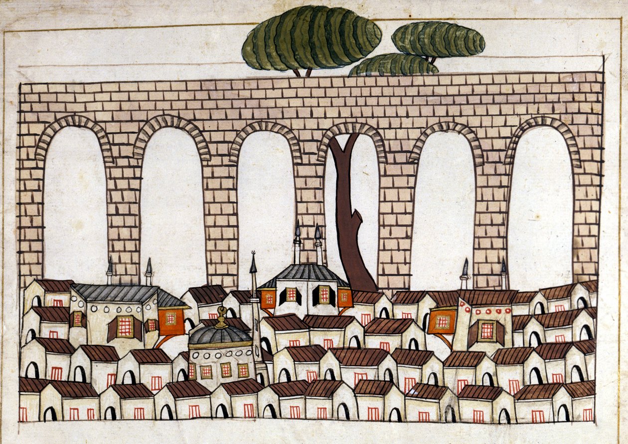 Vista de Constantinopla e do seu aqueduto. Miniatura de "Turkish Memorials" (codex Cicogna 1971 "Memorie Turchesche") Aguarela da escola veneziana do século XVII. de Venetian School