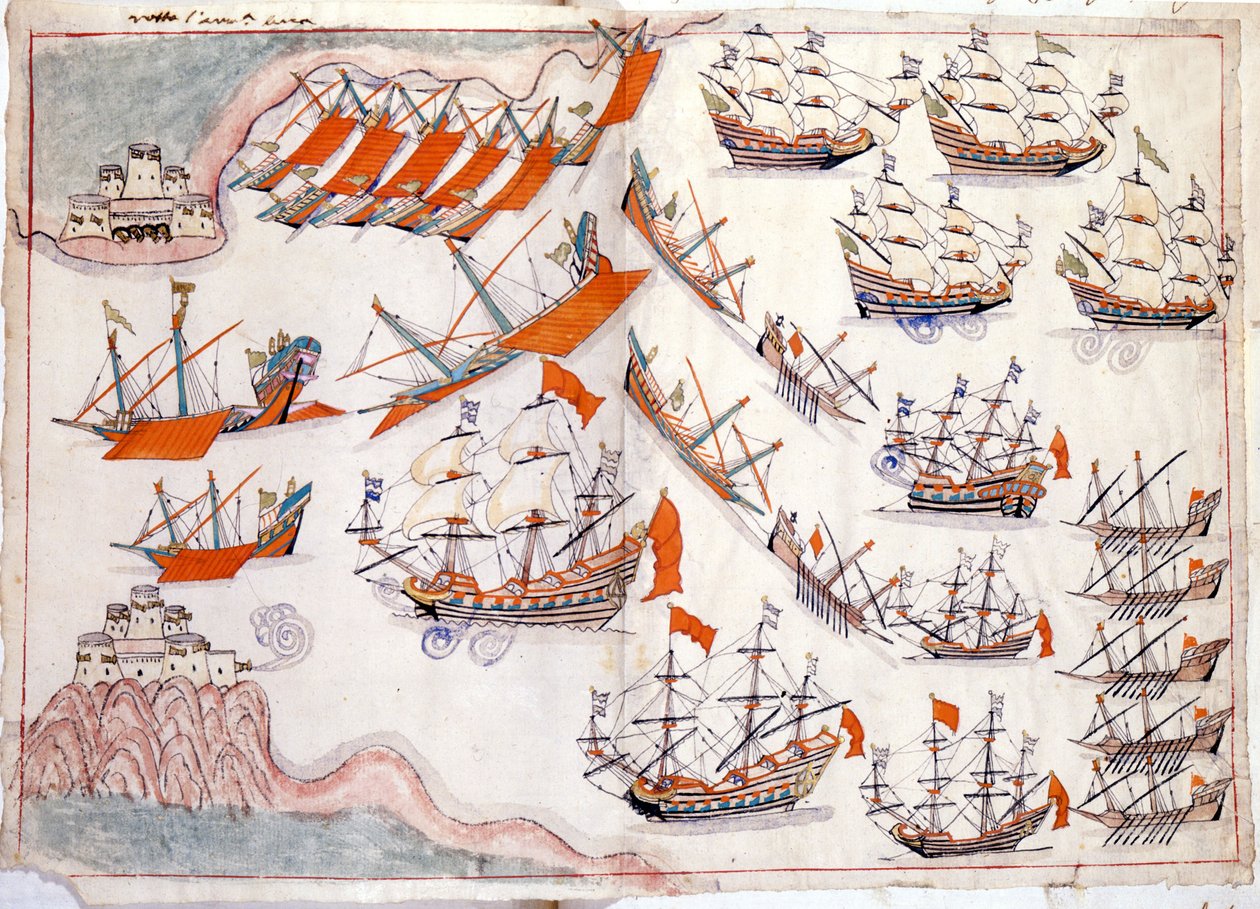 Guerra entre Veneza e o Império Otomano: Batalha dos Dardanelos que viu a vitória do capitão veneziano Lorenzo Marcello em 1655 (aguarela) de Venetian School