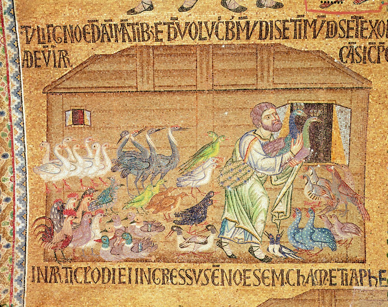 O dilúvio, do átrio, detalhe de Noé colocando pássaros na arca (mosaico) de Byzantine School