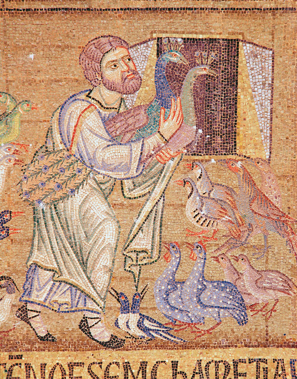 O dilúvio, do átrio, detalhe de Noé colocando pavões na arca (mosaico) de Byzantine School